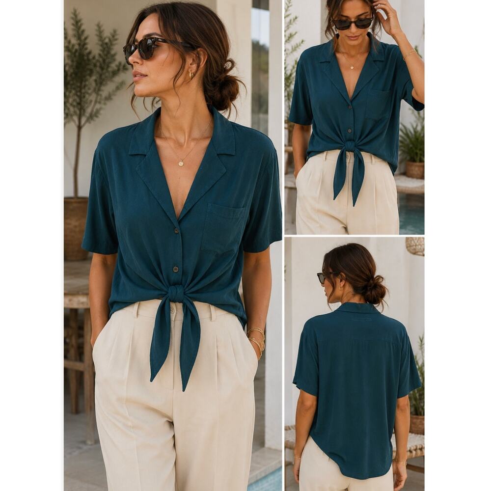 Enza Costa Tie Front Shirt Teal Green Camp Collar Cropped Blouse M Minimalist